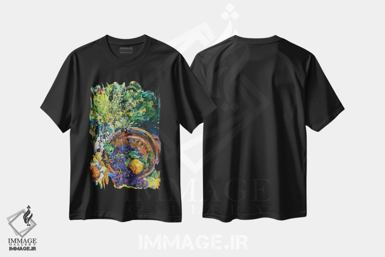 تیشرت طرح دار طبیعت بی جان آفتابی با هلو و گل های وحشی، دکور معاصر اثر اندریی کوتساچنکو | immage.ir