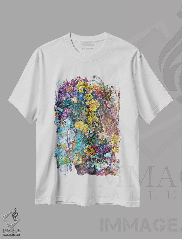تیشرت طرح دار طبیعت بی جان با گل های پاییزی، دکور معاصر اثر اندریی کوتساچنکو | فروشگاه ایماژ