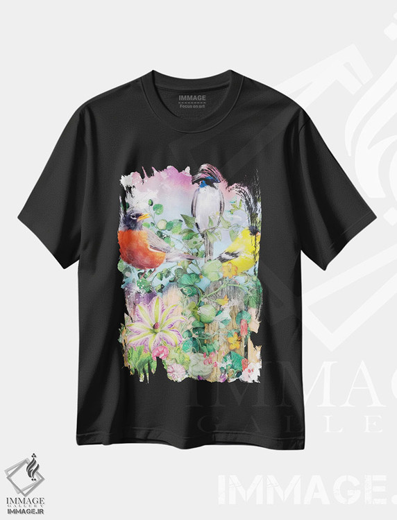تیشرت طرح دار باغ پرندگان و شکوفه ها II، دکور معاصر اثر ایمی استوارت | فروشگاه ایماژ
