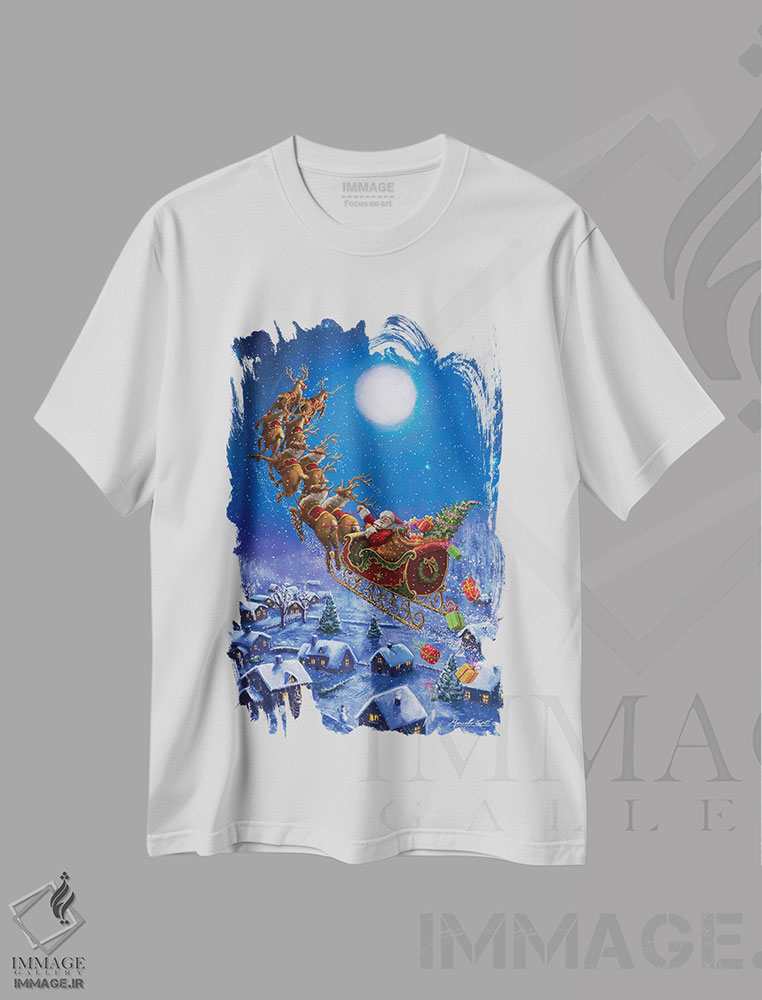 تیشرت طرح دار بابانوئل در حال پرواز، دکور تعطیلات اثر علی کورتی | فروشگاه ایماژ