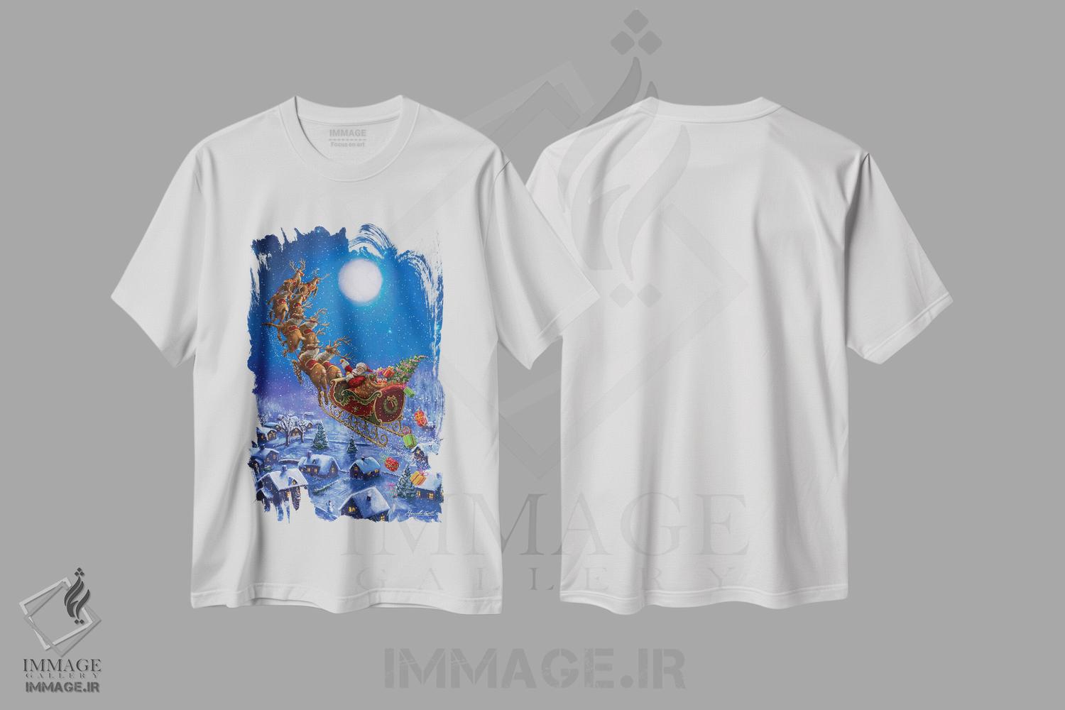 تیشرت طرح دار بابانوئل در حال پرواز، دکور تعطیلات اثر علی کورتی | فروشگاه ایماژ