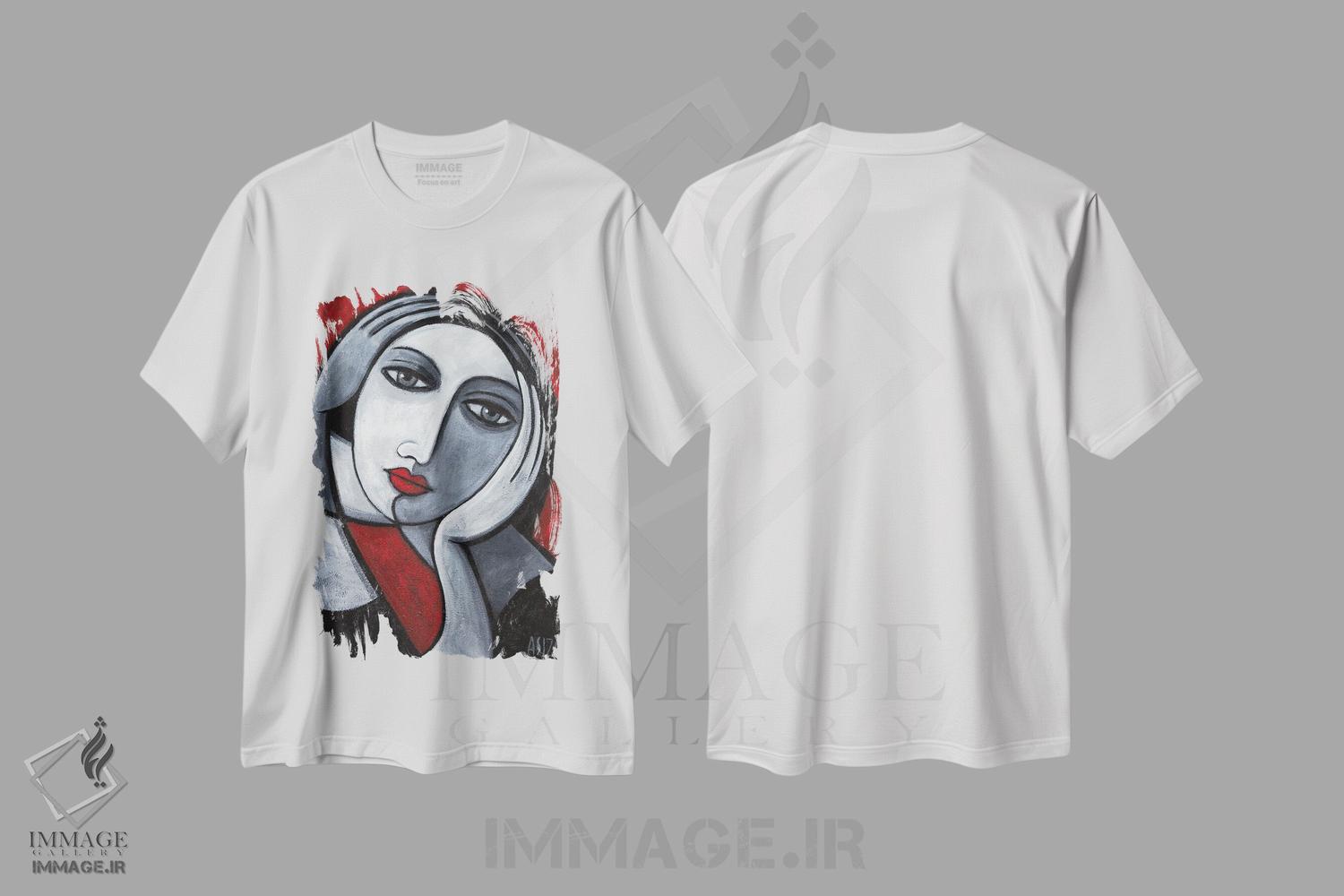 تیشرت طرح دار زن با دو صورت، هنر فاخر معاصر اثر آسایزا | فروشگاه ایماژ