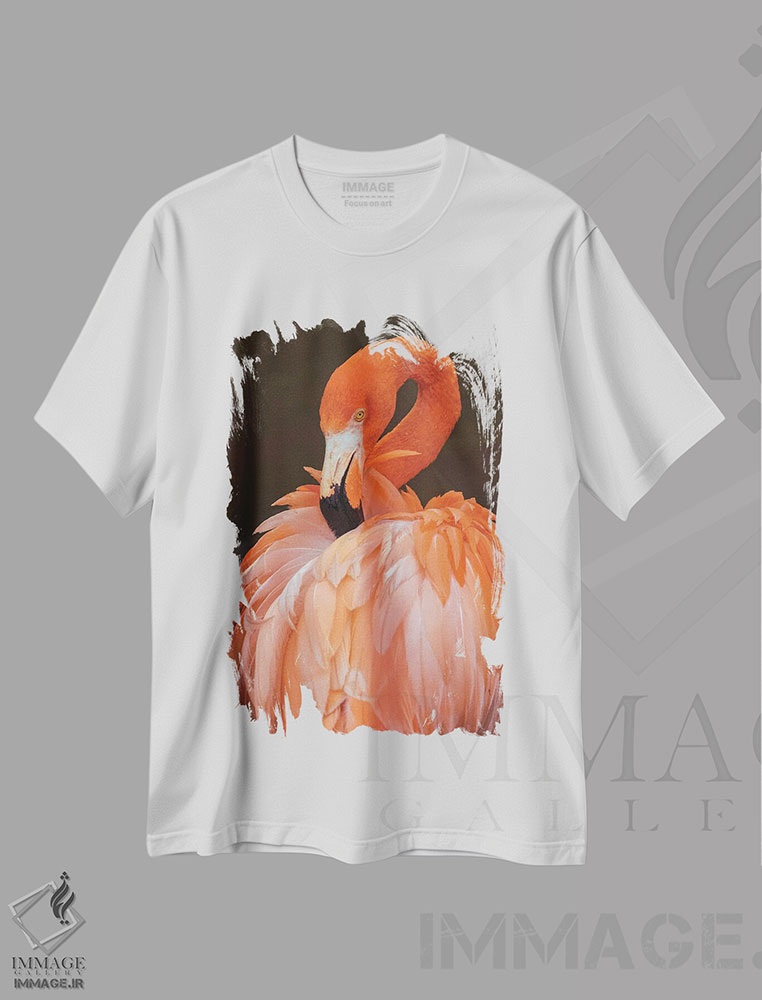 تیشرت طرح دار فلامینگوی آمریکایی مشغول مرتب کردن پرها، مدیوم اثر آدام جونز | immage.ir