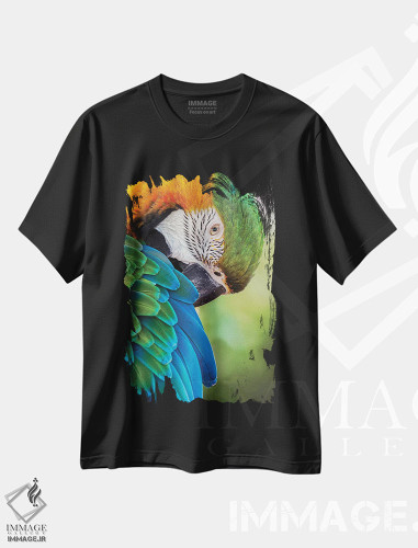 تیشرت طرح دار طوطی ماکائو آبی و طلایی، عکاسی ماکرو اثر آدام جونز | فروشگاه ایماژ