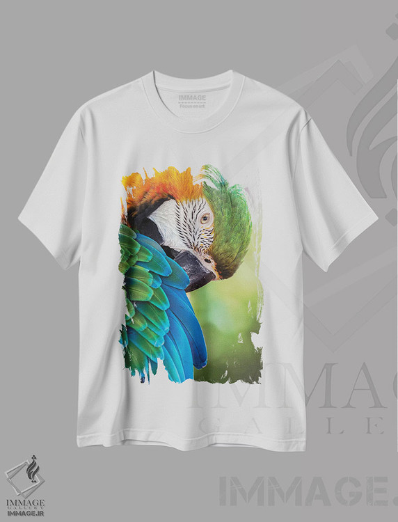 تیشرت طرح دار طوطی ماکائو آبی و طلایی، عکاسی ماکرو اثر آدام جونز | immage.ir