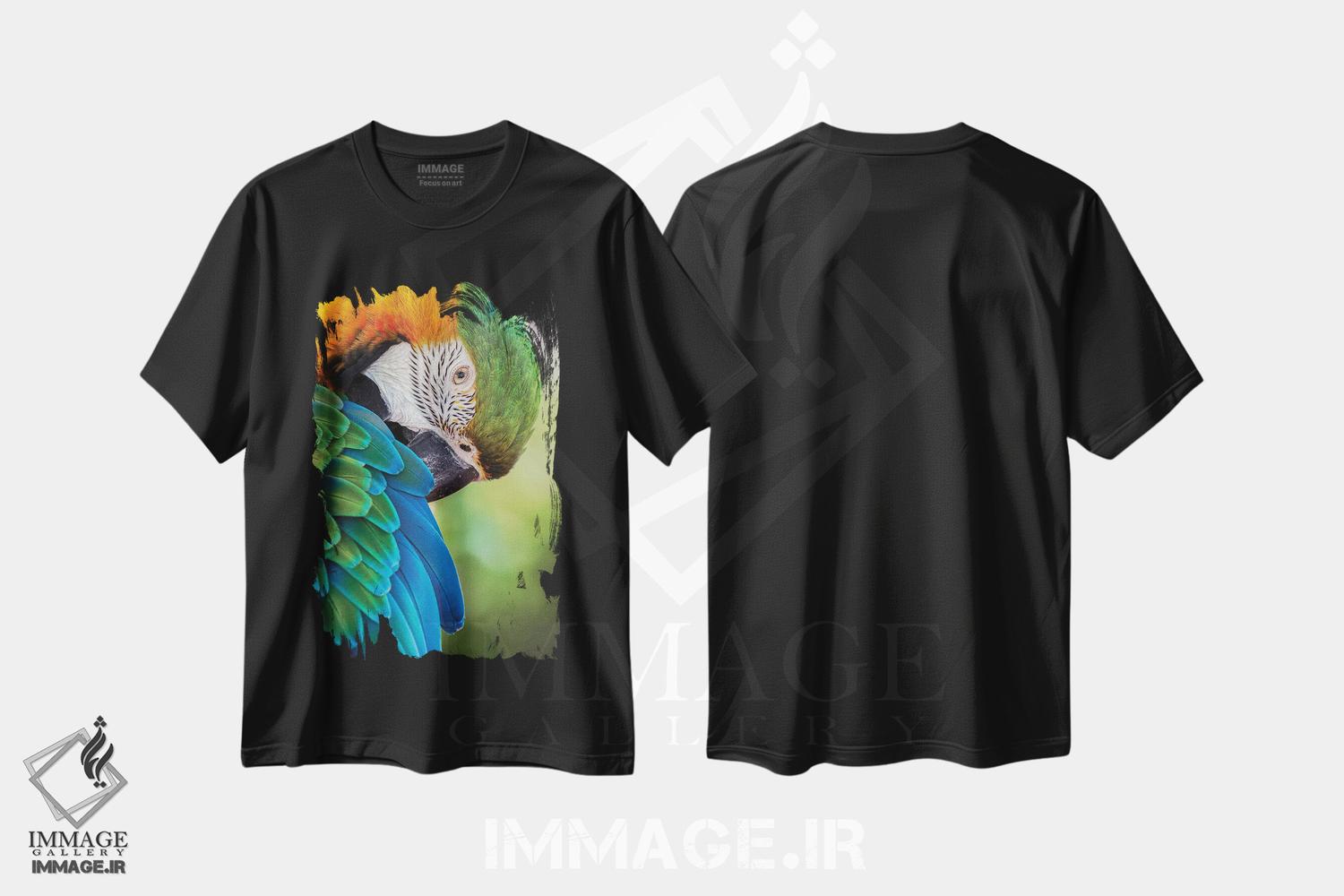 تیشرت طرح دار طوطی ماکائو آبی و طلایی، عکاسی ماکرو اثر آدام جونز | فروشگاه ایماژ