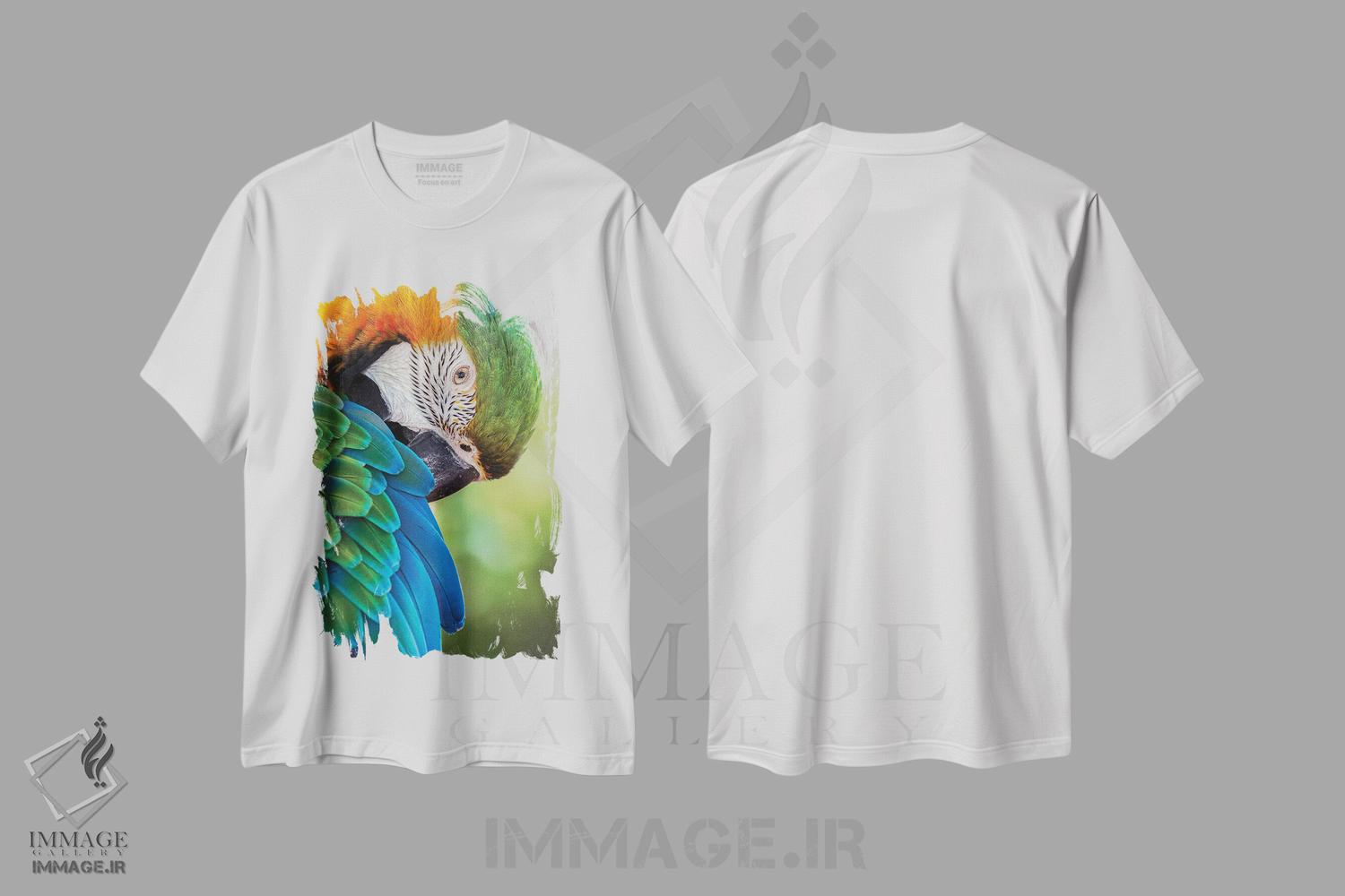 تیشرت طرح دار طوطی ماکائو آبی و طلایی، عکاسی ماکرو اثر آدام جونز | immage.ir