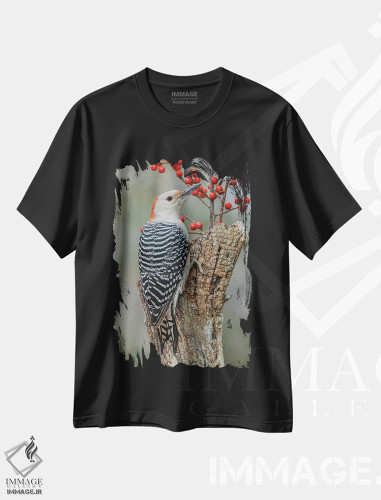 تیشرت طرح دار دارکوب شکم قرمز ماده و توت های قرمز، کنتاکی، عکاسی ماکرو اثر آدام جونز | فروشگاه ایماژ