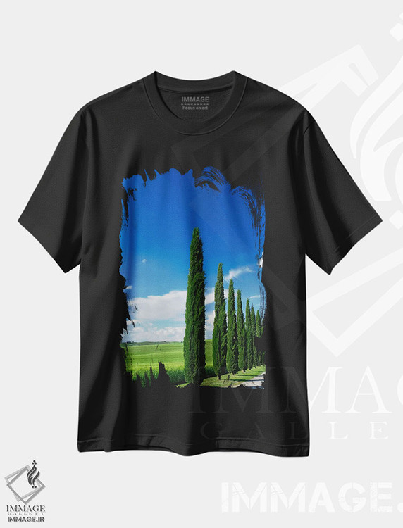 تیشرت طرح دار ردیف درختان سرو، منطقه توسکانی، ایتالیا، مدیوم اثر آدام جونز | فروشگاه ایماژ