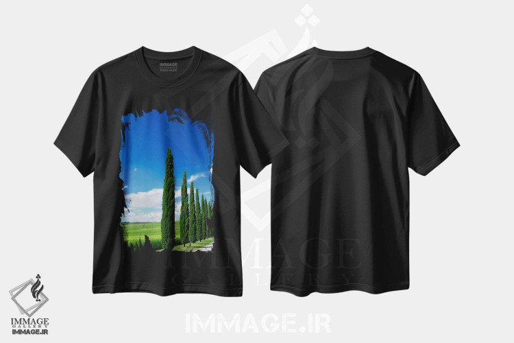 تیشرت طرح دار ردیف درختان سرو، منطقه توسکانی، ایتالیا، مدیوم اثر آدام جونز | فروشگاه ایماژ