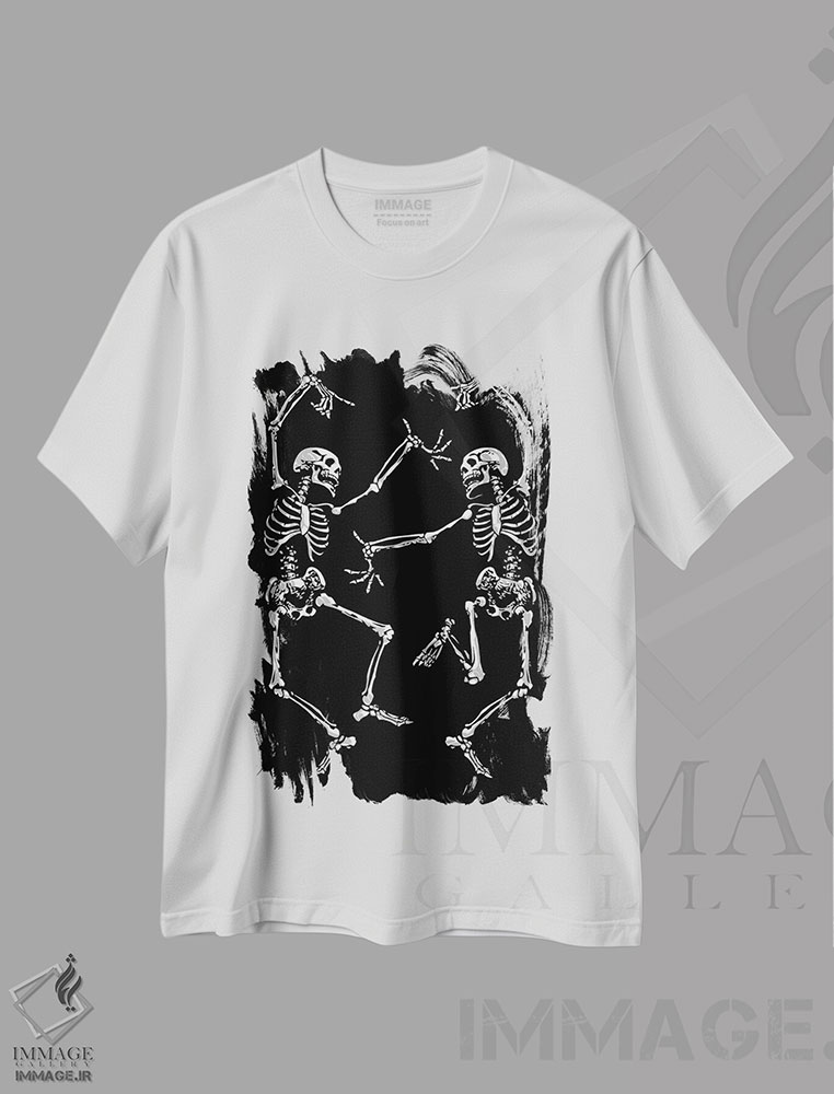 تیشرت طرح دار اسکلت های رقصان مشکی، هنر دیجیتال سیاه و سفید اثر نیکیتا آباکوموف | immage.ir