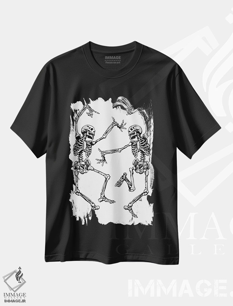 تیشرت طرح دار اسکلت های رقصان سفید، هنر دیجیتال سیاه و سفید اثر نیکیتا آباکوموف | فروشگاه ایماژ