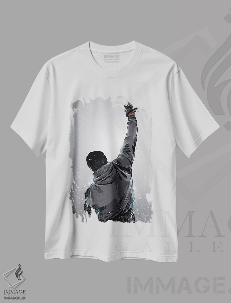 تیشرت طرح دار پیروزی راکی، هنر دیجیتال سیاه و سفید اثر نیکیتا آباکوموف | immage.ir