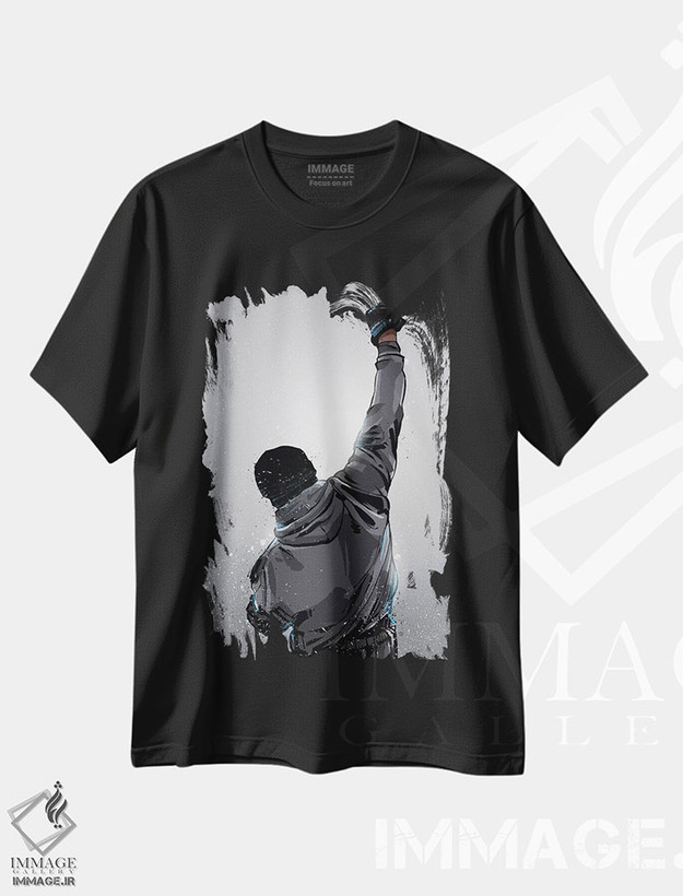 تیشرت طرح دار پیروزی راکی، هنر دیجیتال سیاه و سفید اثر نیکیتا آباکوموف | فروشگاه ایماژ