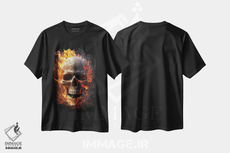 تیشرت طرح دار جمجمه شعله ور، هنر دیجیتال اثر نیکیتا آباکوموف | فروشگاه ایماژ