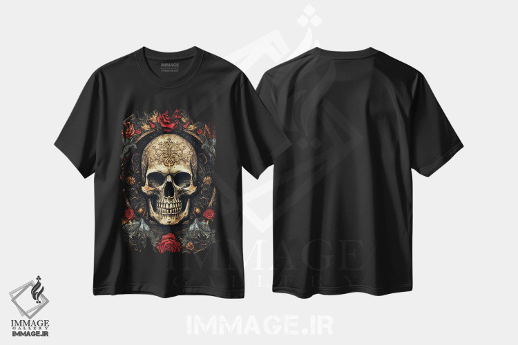 تیشرت طرح دار جمجمه با گل رز، هنر دیجیتال اثر نیکیتا آباکوموف | فروشگاه ایماژ