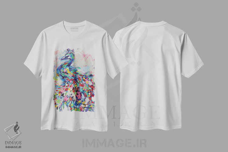 تیشرت طرح دار پرتره رنگارنگ طاووس، آبستره اثر آلیاکساندرا تسسارسکایا | immage.ir
