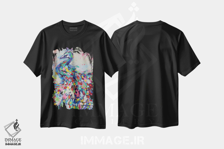 تیشرت طرح دار پرتره رنگارنگ طاووس، آبستره اثر آلیاکساندرا تسسارسکایا | فروشگاه ایماژ
