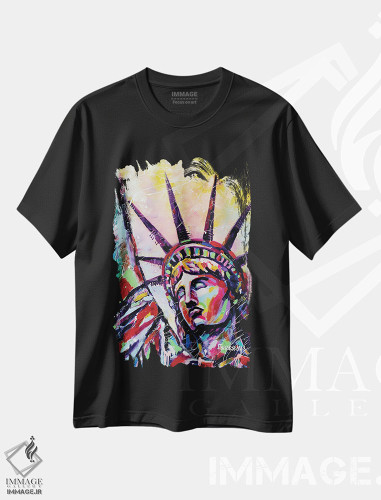 تیشرت طرح دار تندیس آزادی در رنگ قرمز، دکور آمریکایی اثر آلیاکساندرا تسسارسکایا | فروشگاه ایماژ