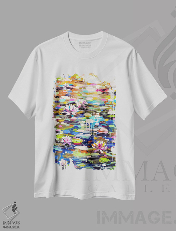 تیشرت طرح دار غروب با نیلوفرهای آبی، آبستره اثر آلیاکساندرا تسسارسکایا | immage.ir