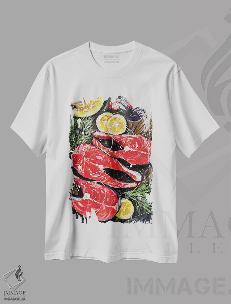 تیشرت طرح دار ماهی سالمون، هنر فاخر معاصر اثر آلیاکساندرا تسسارسکایا | immage.ir