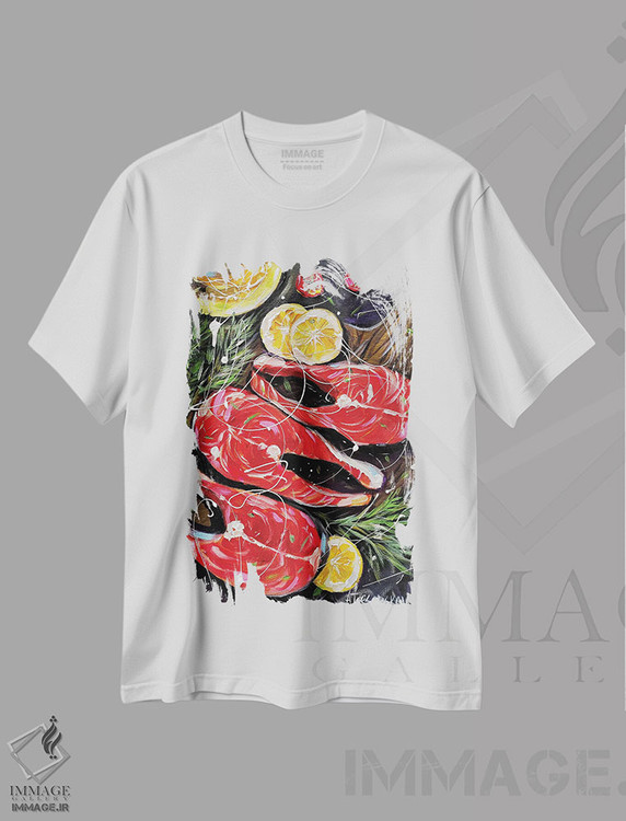 تیشرت طرح دار ماهی سالمون، هنر فاخر معاصر اثر آلیاکساندرا تسسارسکایا | immage.ir