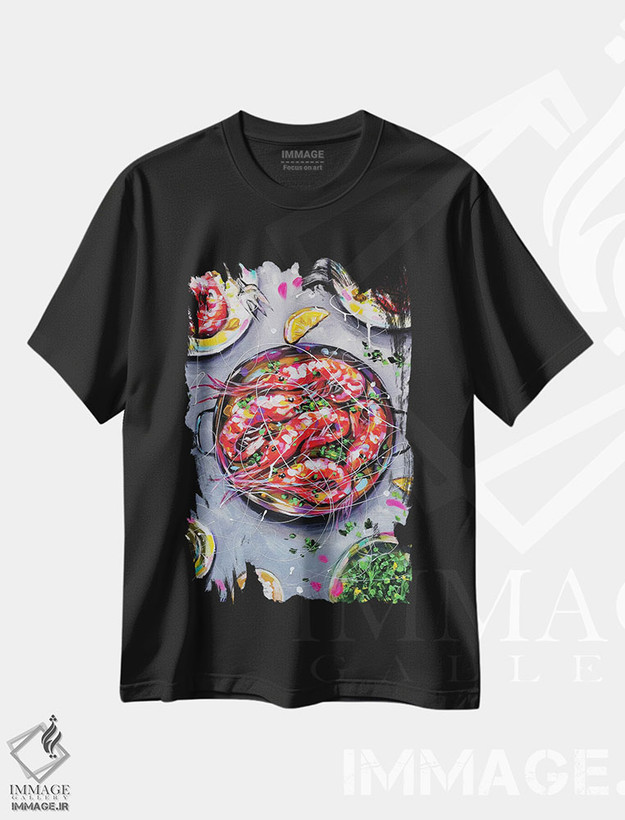 تیشرت طرح دار میگو، هنر فاخر معاصر اثر آلیاکساندرا تسسارسکایا | فروشگاه ایماژ