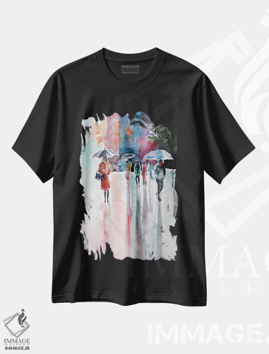 تیشرت طرح دار روز بارانی با چترها ۳، مدیوم اثر آنا بریجیتا کوواچ | فروشگاه ایماژ