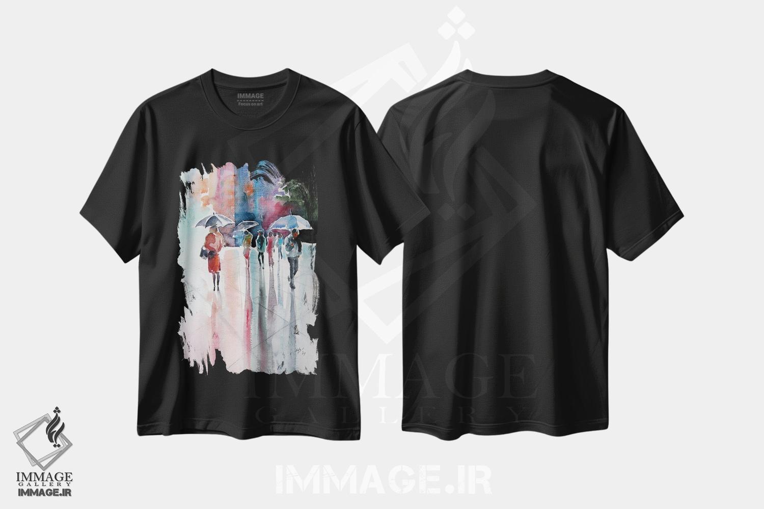 تیشرت طرح دار روز بارانی با چترها ۳، مدیوم اثر آنا بریجیتا کوواچ | فروشگاه ایماژ