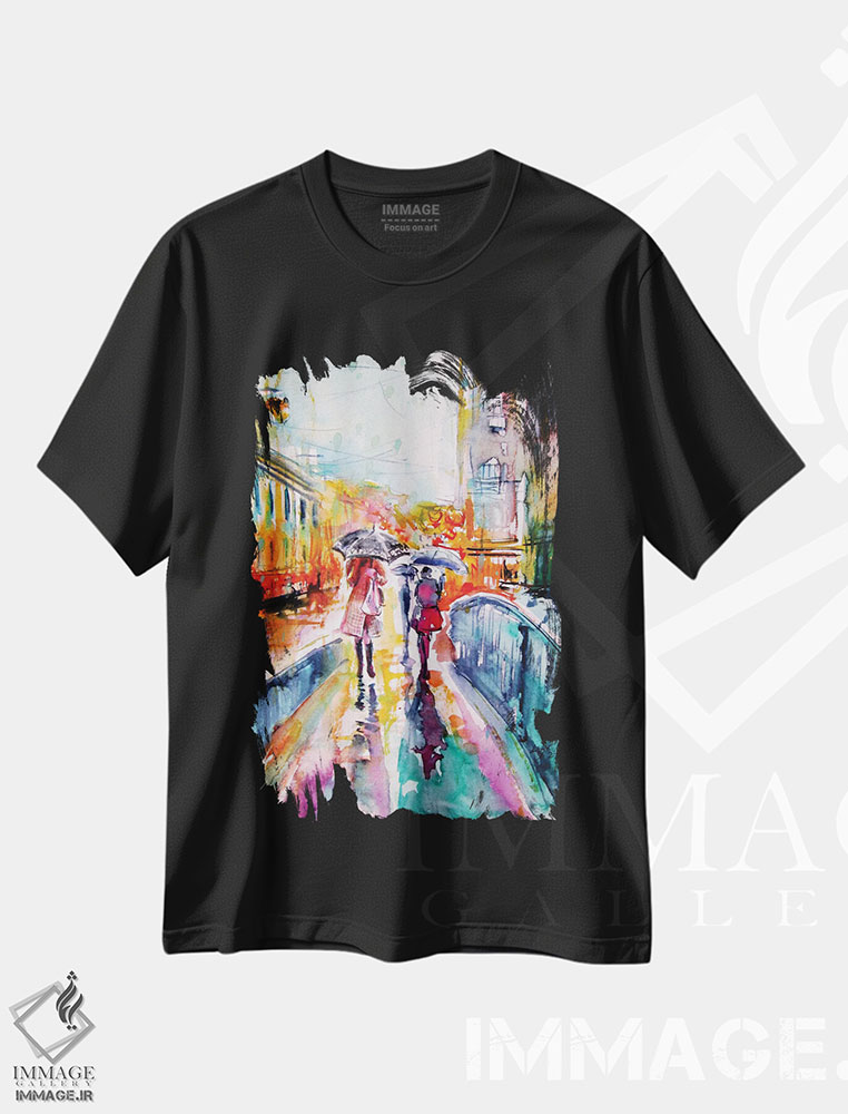 تیشرت طرح دار باران در شهر، هنر فاخر معاصر اثر آنا بریجیتا کوواچ | فروشگاه ایماژ