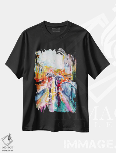 تیشرت طرح دار باران در شهر، هنر فاخر معاصر اثر آنا بریجیتا کوواچ | فروشگاه ایماژ
