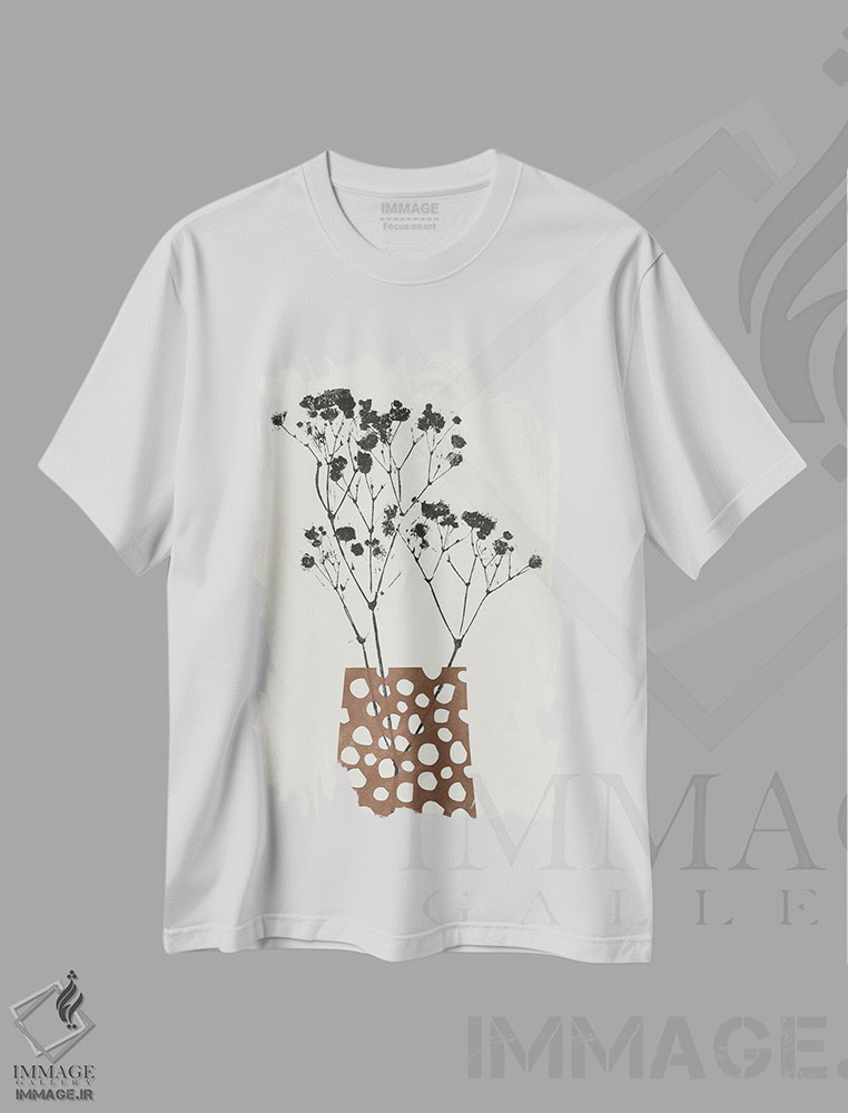 تیشرت طرح دار گل ژیپسوفیلا در گلدان قهوه ای، تزئینی اثر آلیسا گالیتسینا | immage.ir
