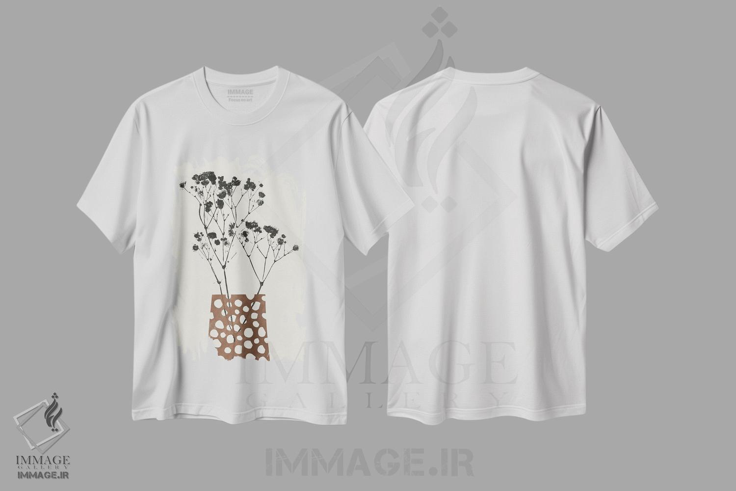 تیشرت طرح دار گل ژیپسوفیلا در گلدان قهوه ای، تزئینی اثر آلیسا گالیتسینا | immage.ir