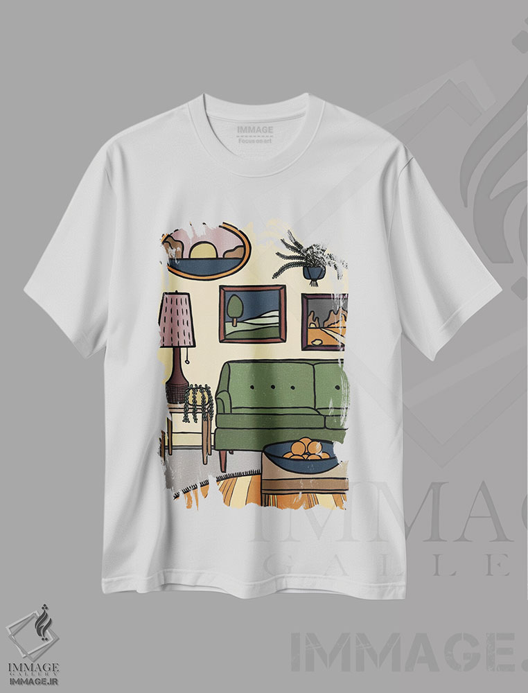 تیشرت طرح دار اتاق نشیمن با کاناپه سبز، دکور بوهمی اثر آلیسا گالیتسینا | immage.ir