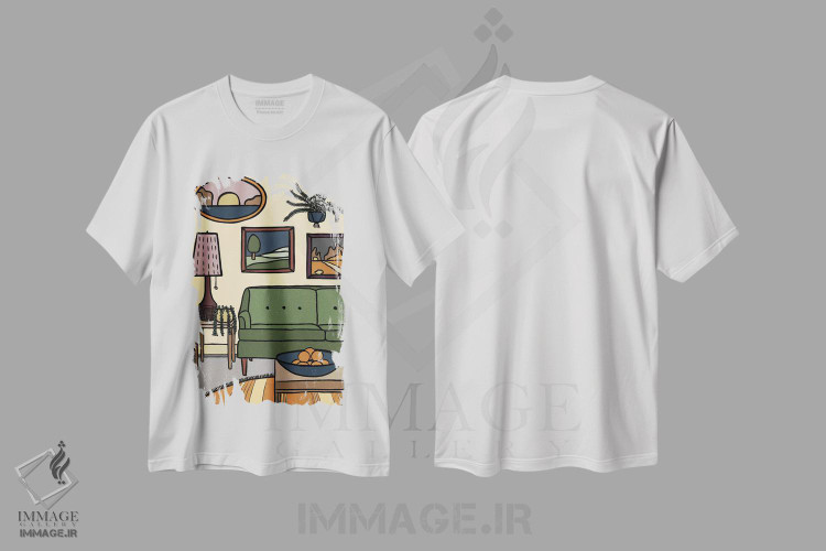 تیشرت طرح دار اتاق نشیمن با کاناپه سبز، دکور بوهمی اثر آلیسا گالیتسینا | immage.ir