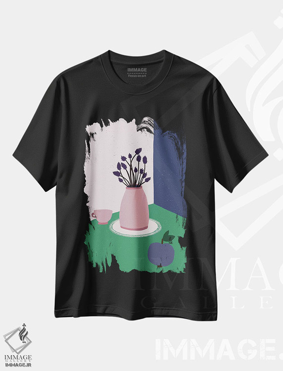 تیشرت طرح دار طبیعت بی جان با سیب، گل های اسطوخودوس و فنجان، تزئینی اثر آلیسا گالیتسینا | فروشگاه ایماژ