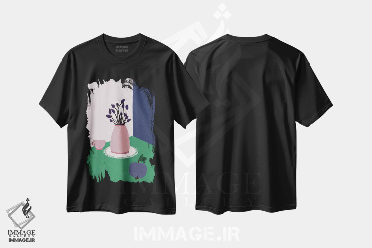 تیشرت طرح دار طبیعت بی جان با سیب، گل های اسطوخودوس و فنجان، تزئینی اثر آلیسا گالیتسینا | فروشگاه ایماژ