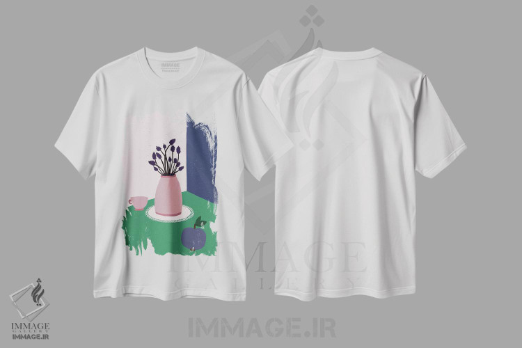تیشرت طرح دار طبیعت بی جان با سیب، گل های اسطوخودوس و فنجان، تزئینی اثر آلیسا گالیتسینا | immage.ir