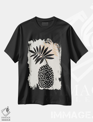 تیشرت طرح دار طبیعت بی جان با گلدان و برگ های گرمسیری، تزئینی اثر آلیسا گالیتسینا | فروشگاه ایماژ