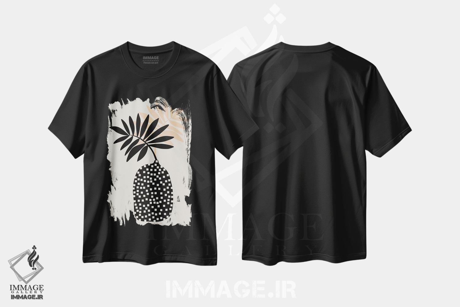 تیشرت طرح دار طبیعت بی جان با گلدان و برگ های گرمسیری، تزئینی اثر آلیسا گالیتسینا | فروشگاه ایماژ