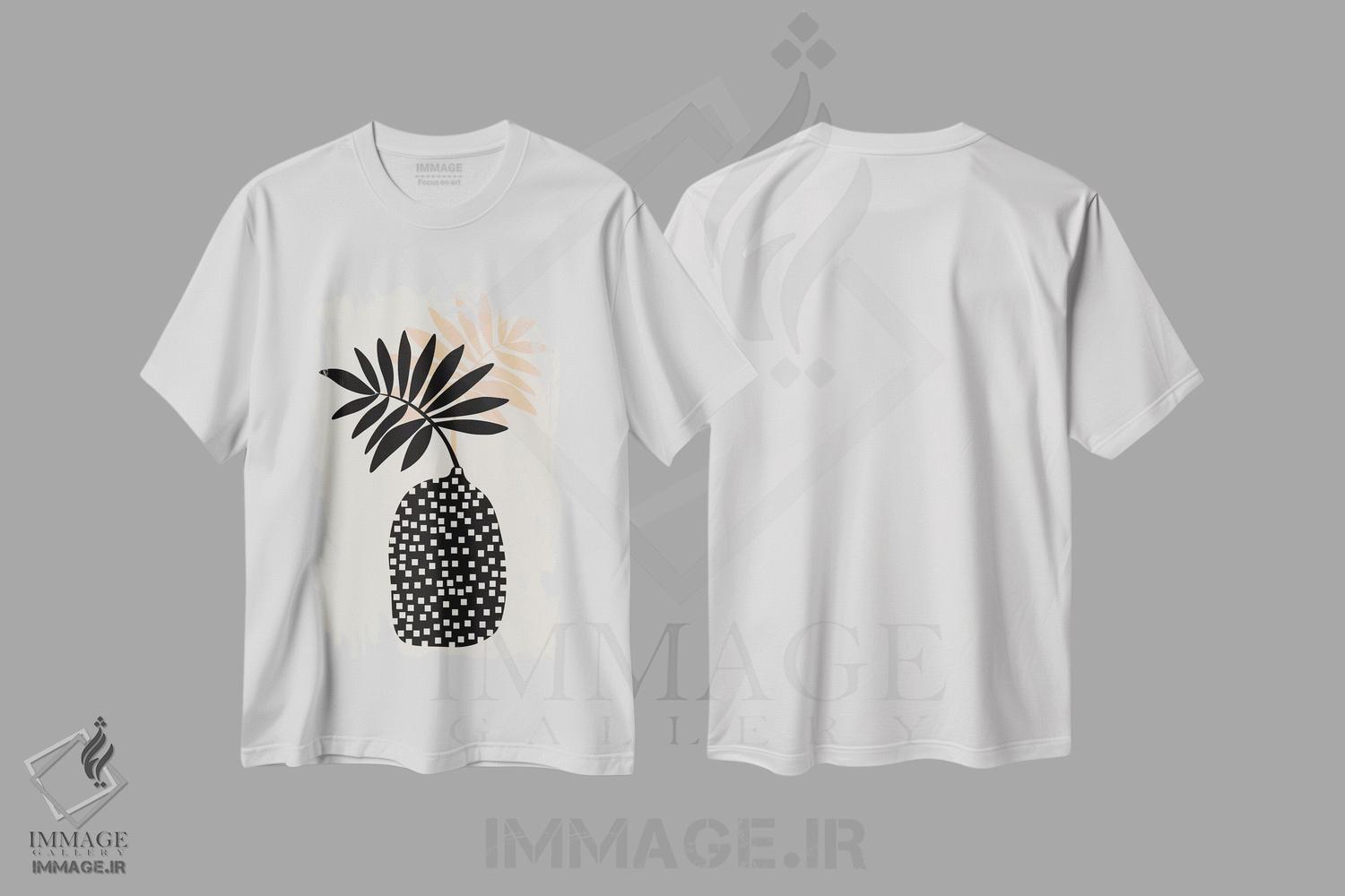 تیشرت طرح دار طبیعت بی جان با گلدان و برگ های گرمسیری، تزئینی اثر آلیسا گالیتسینا | immage.ir