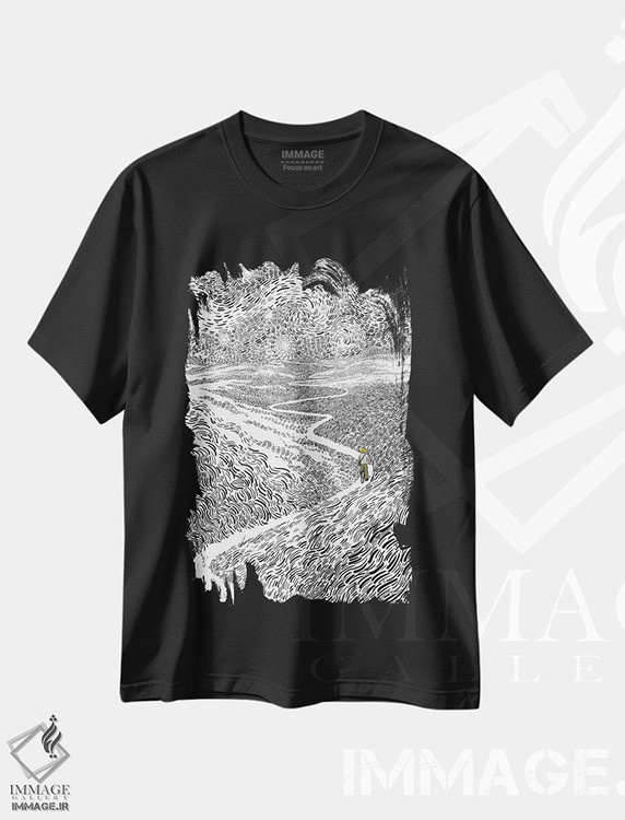تیشرت طرح دار در طول مسیر، هنر تزئینی سیاه و سفید اثر علیرضا کریمی مقدم | فروشگاه ایماژ