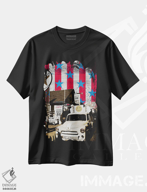 تیشرت طرح دار پیش به مسیر ۶۶، دکور آمریکایی اثر فایو بای فایو کالکتیو | فروشگاه ایماژ
