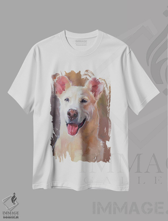 تیشرت طرح دار اثر هنری سگ سفید شاد، هنر فاخر معاصر اثر الکس مووچون | immage.ir