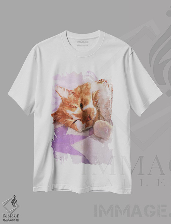 تیشرت طرح دار گربهٔ خواب آلود، گربهٔ سفید و قرمز، دکور معاصر اثر الکس مووچون | immage.ir