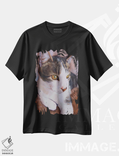 تیشرت طرح دار پرترهٔ گربهٔ سفید و خاکستری، هنر فاخر معاصر اثر الکس مووچون | فروشگاه ایماژ