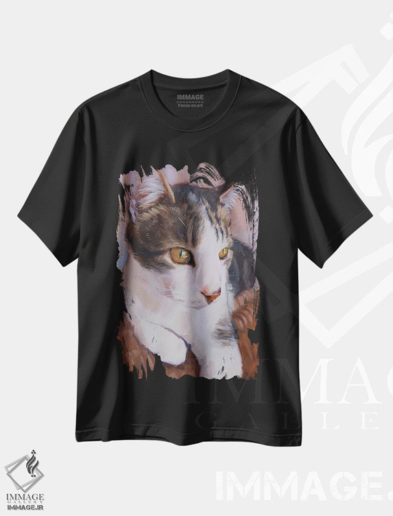 تیشرت طرح دار پرترهٔ گربهٔ سفید و خاکستری، هنر فاخر معاصر اثر الکس مووچون | فروشگاه ایماژ