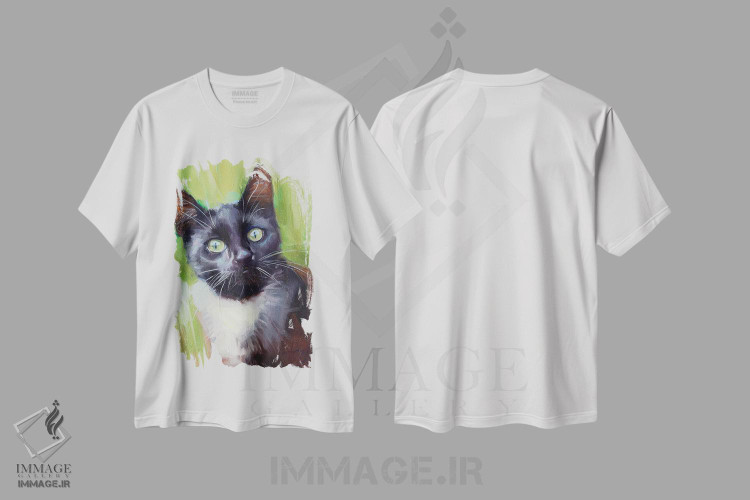 تیشرت طرح دار گربهٔ سیاه با گردن سفید، مدیوم اثر الکس مووچون | immage.ir