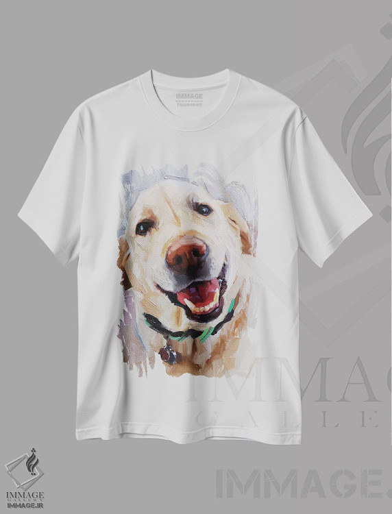 تیشرت طرح دار سگ سفید شاد، هنر فاخر معاصر اثر الکس مووچون | immage.ir