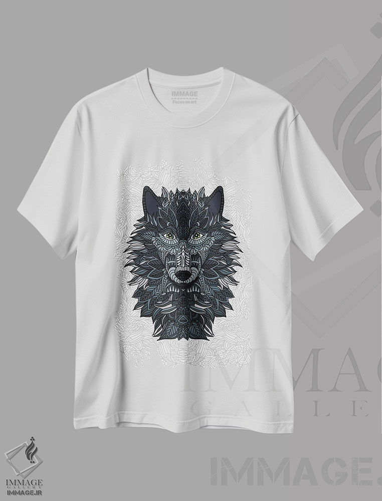 تیشرت طرح دار گرگ، هنر دیجیتال سیاه و سفید اثر آنجلیکا پارکر | immage.ir